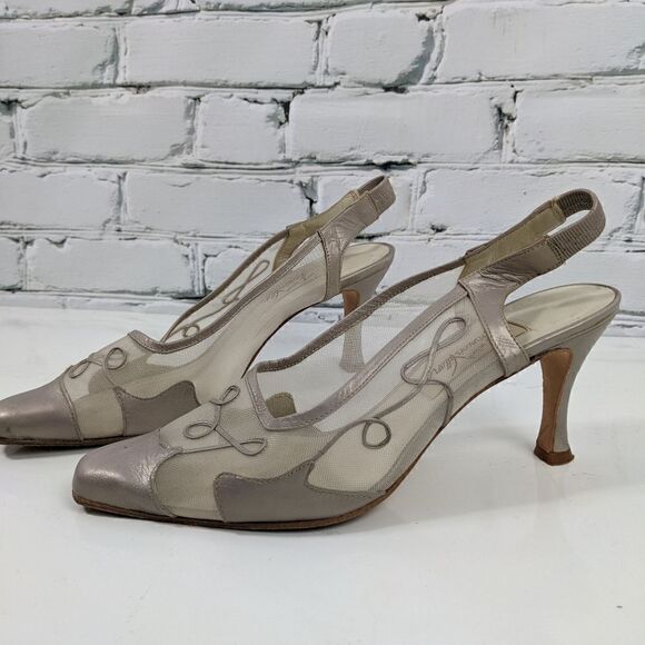 Vintage sling back mesh heels - gold beige leather square toe 80s pumps size 8.5 - Picture 1 of 9